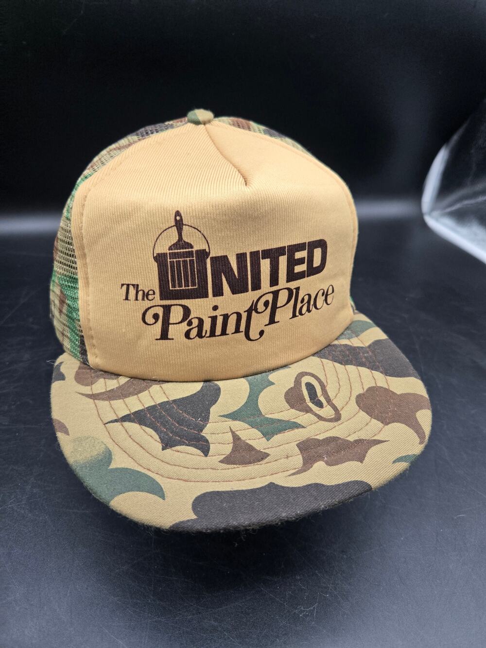 Vintage United Paint Place Camo Mesh Trucker Snapback Hat Spex Advertising Cap
